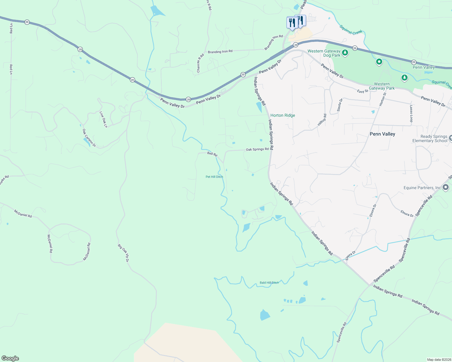 map of restaurants, bars, coffee shops, grocery stores, and more near 10631 Oak Springs Road in Penn Valley