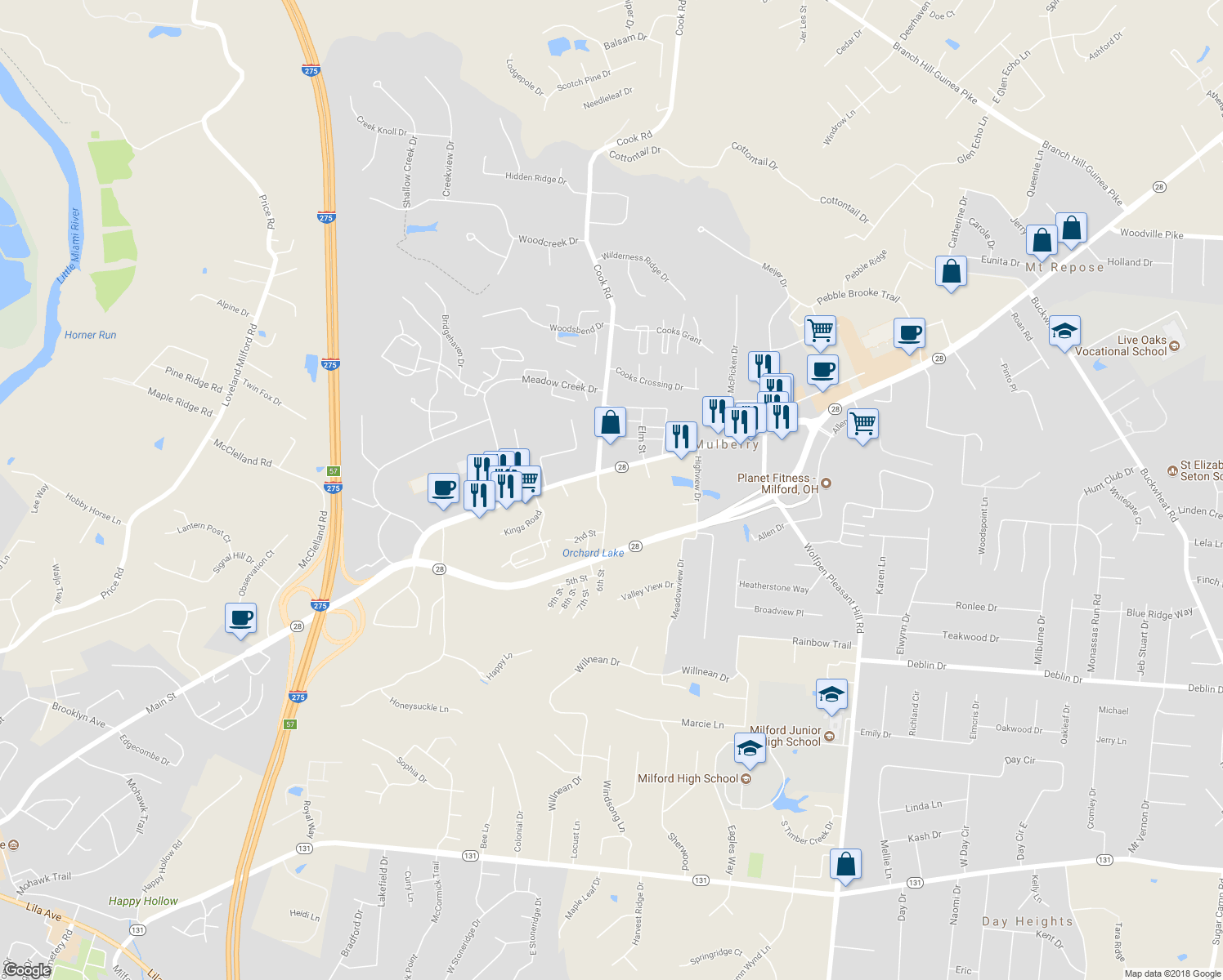 map of restaurants, bars, coffee shops, grocery stores, and more near Orchard Lake Dr in Mulberry