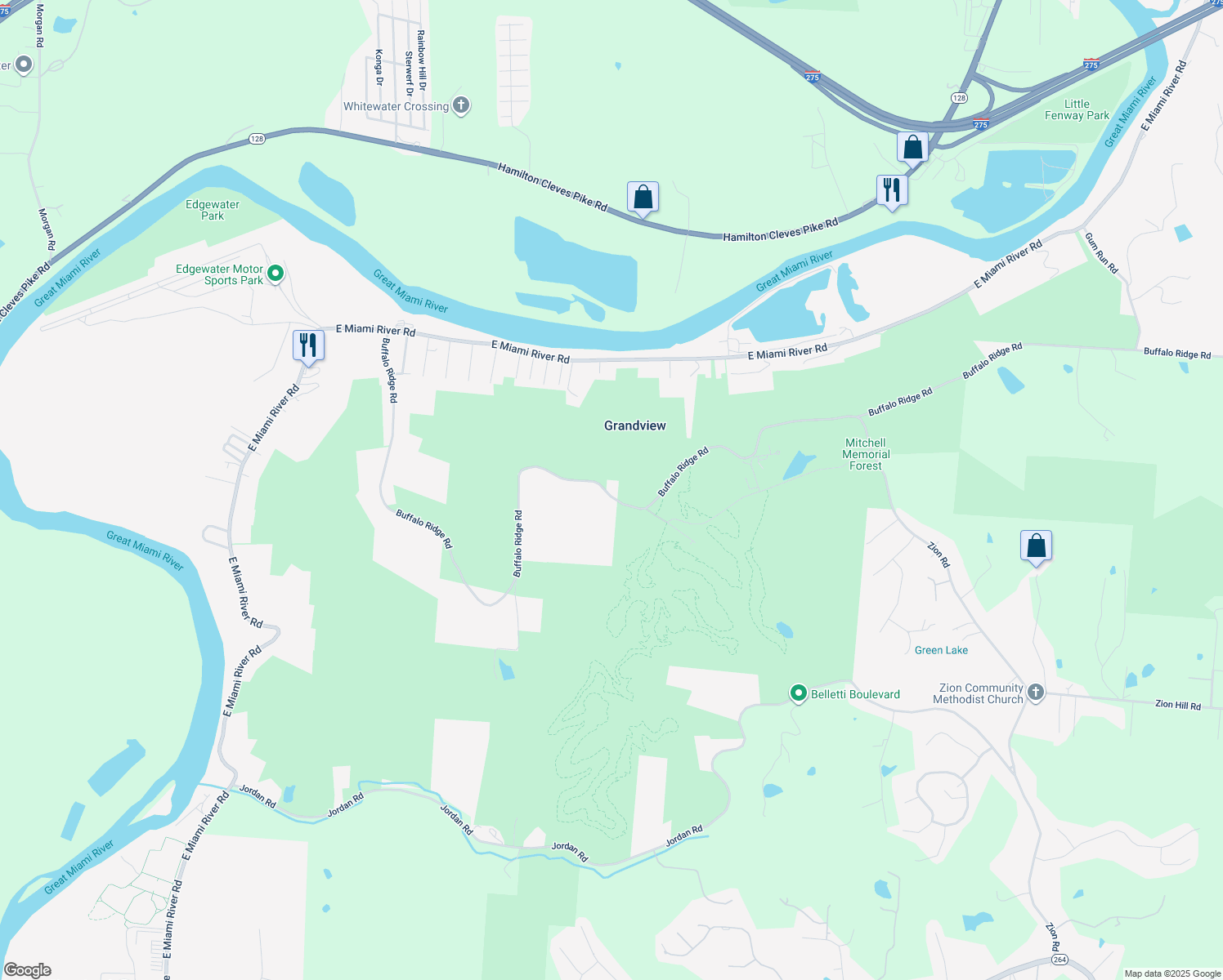 map of restaurants, bars, coffee shops, grocery stores, and more near 8580 Buffalo Ridge Road in Cleves