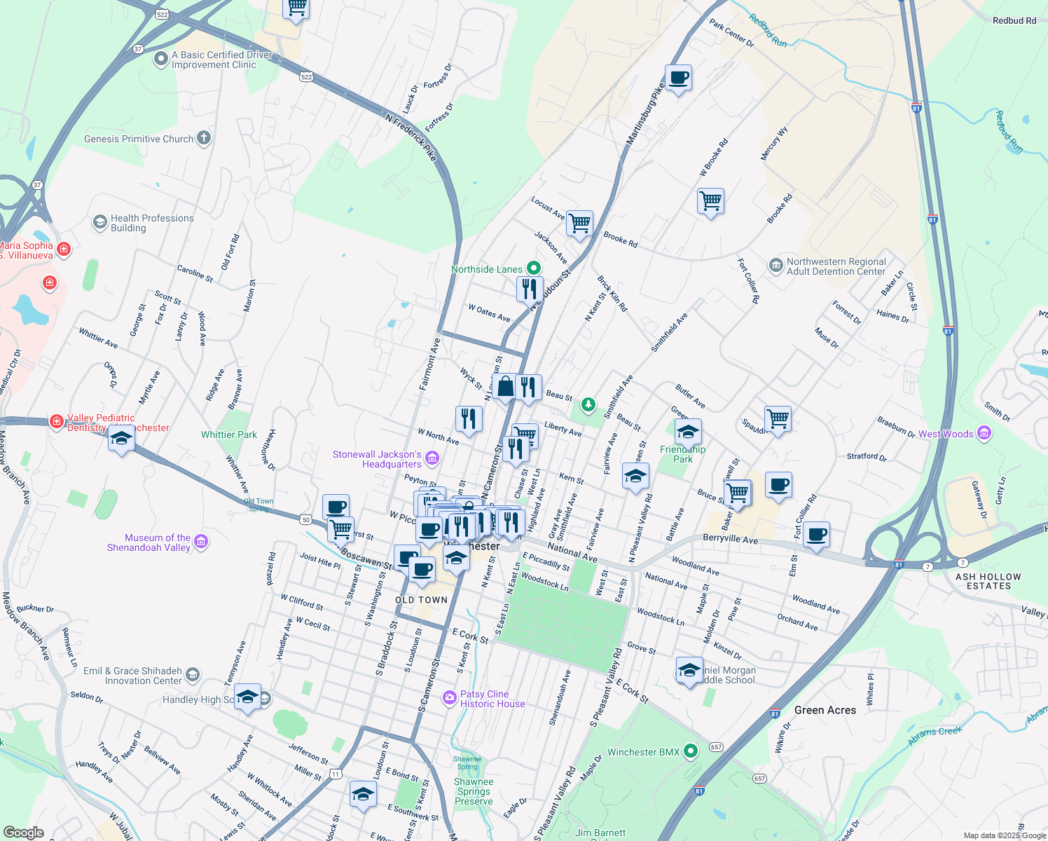 map of restaurants, bars, coffee shops, grocery stores, and more near 557 North Kent Street in Winchester