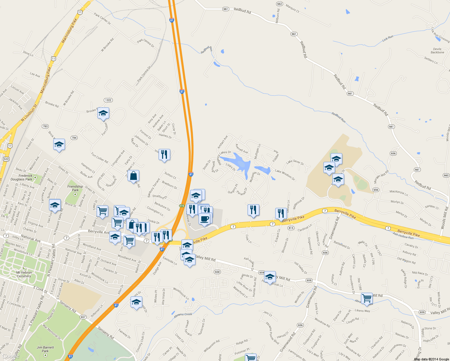 map of restaurants, bars, coffee shops, grocery stores, and more near 108 Gregory Place in Winchester