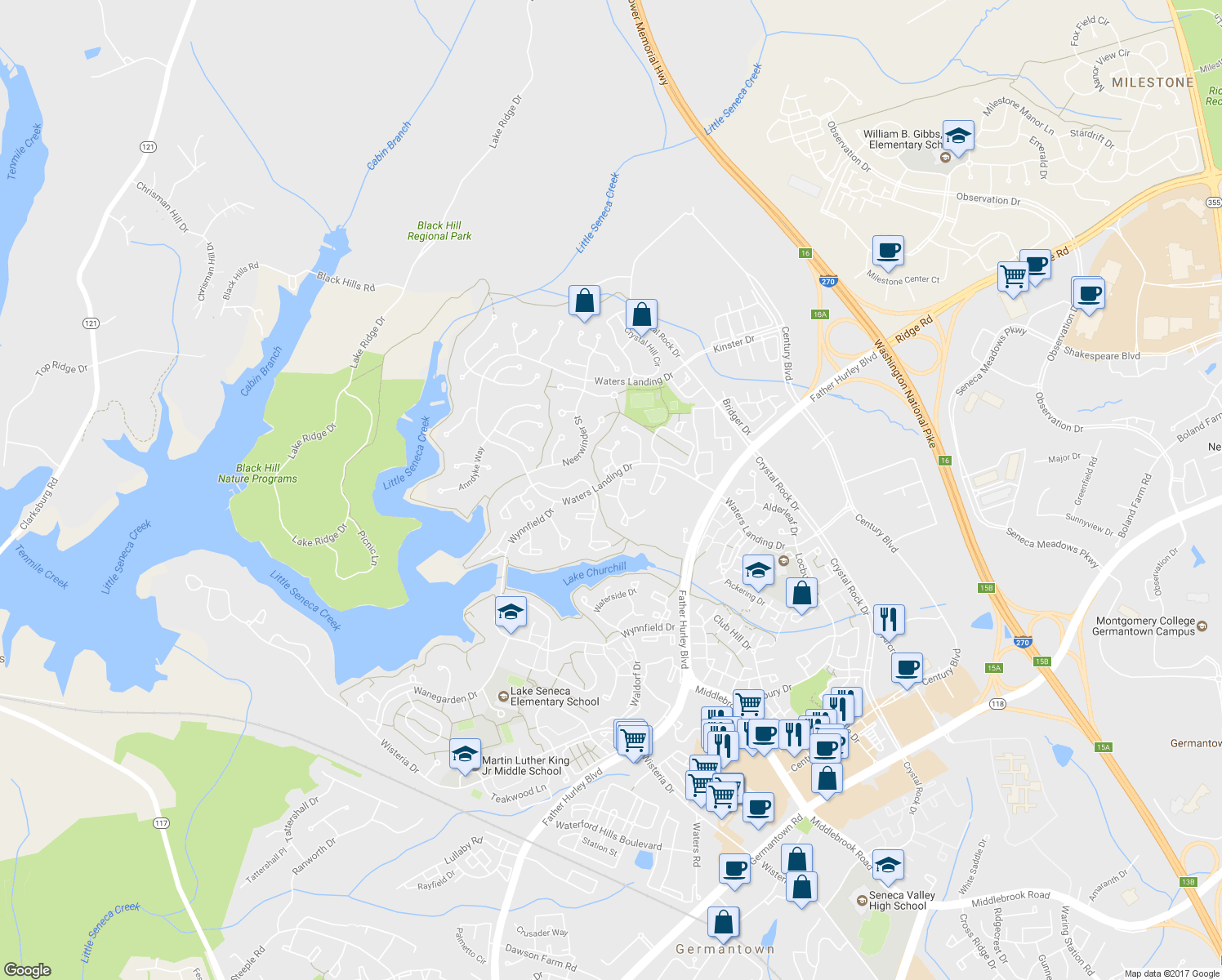 map of restaurants, bars, coffee shops, grocery stores, and more near 20526 Summersong Lane in Germantown