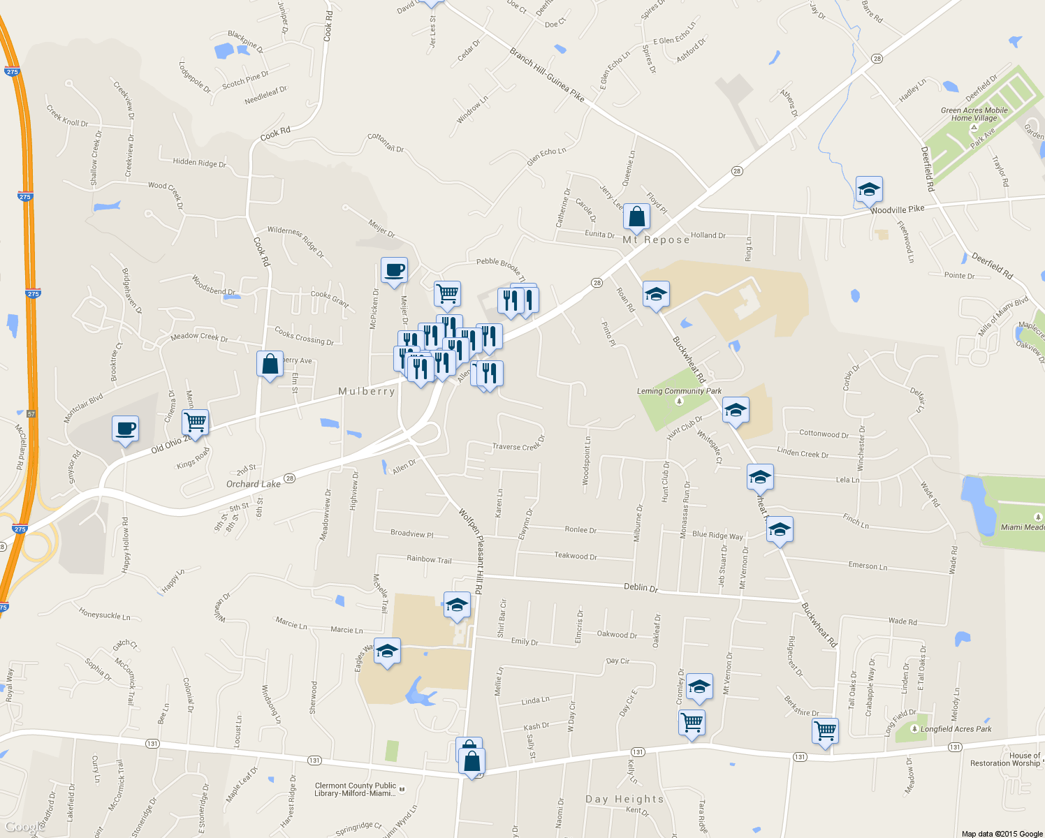map of restaurants, bars, coffee shops, grocery stores, and more near 2401 Traverse Creek Drive in Milford