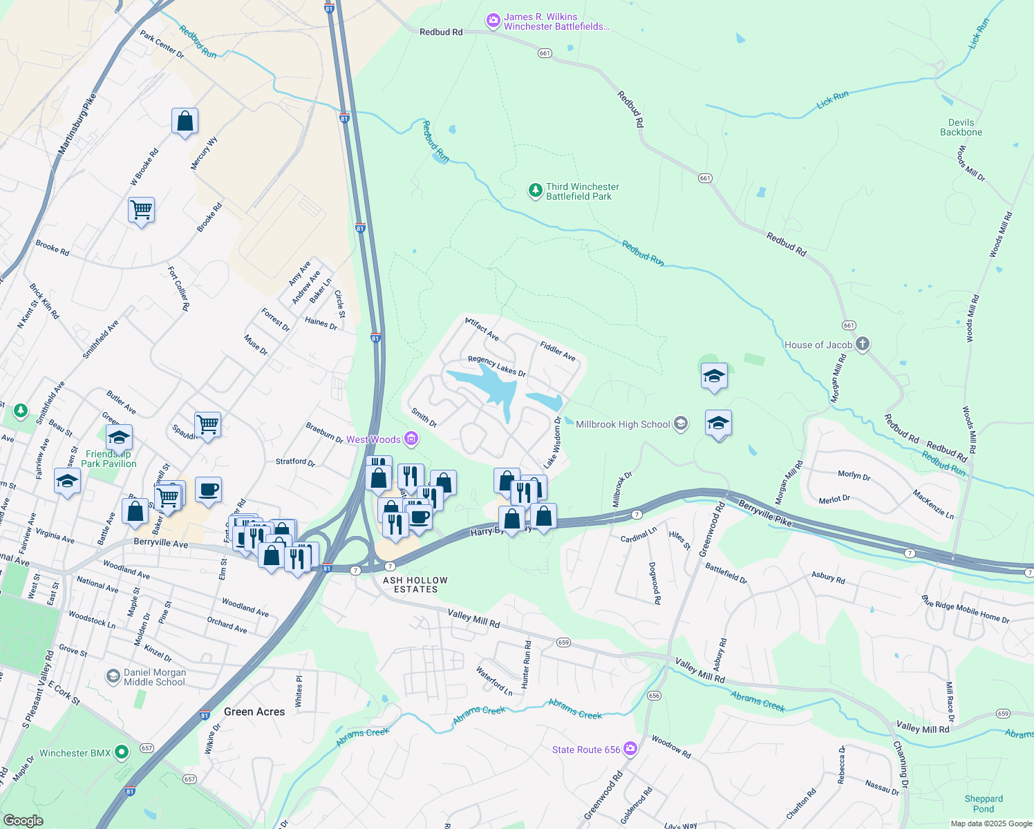 map of restaurants, bars, coffee shops, grocery stores, and more near 142 Wollaston Drive in Winchester