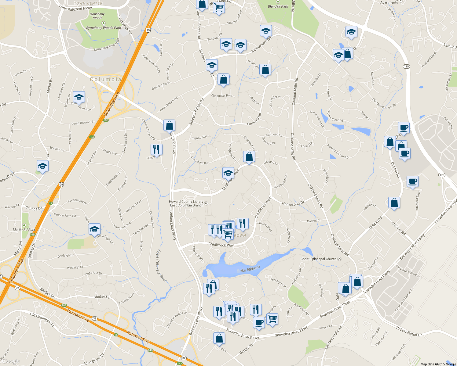 map of restaurants, bars, coffee shops, grocery stores, and more near 6700-6784 Cradlerock Way in Columbia