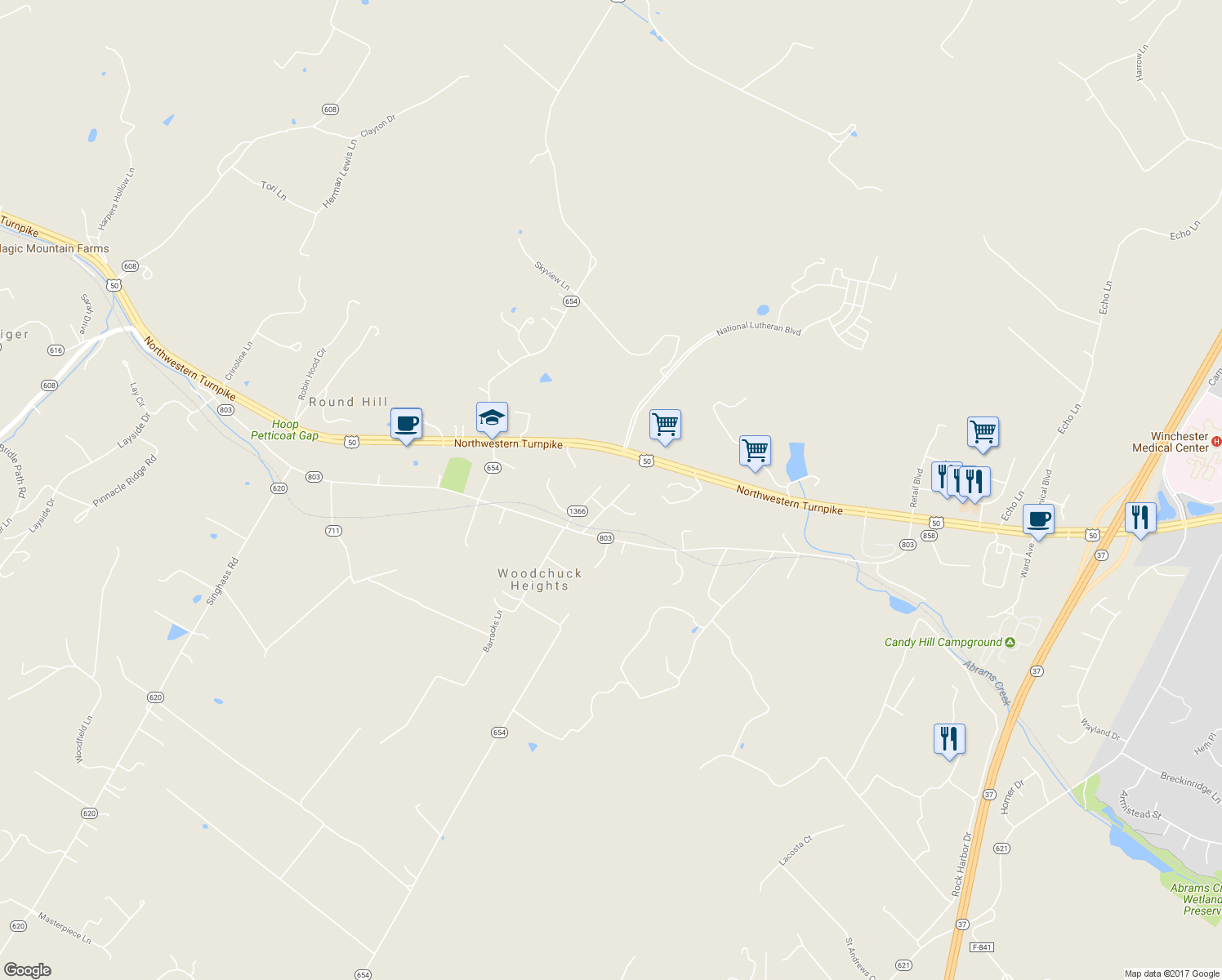 map of restaurants, bars, coffee shops, grocery stores, and more near 182 Pingley Lane in Winchester