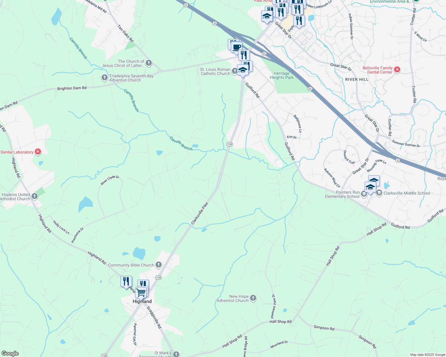 map of restaurants, bars, coffee shops, grocery stores, and more near 12810 Macbeth Farm Lane in Clarksville
