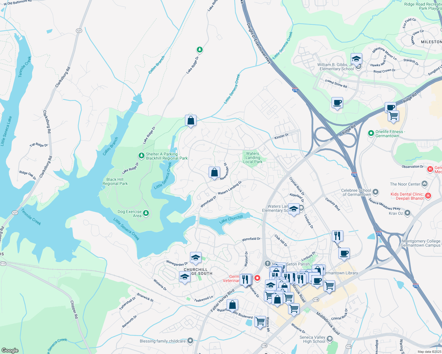 map of restaurants, bars, coffee shops, grocery stores, and more near 20528 Neerwinder Street in Germantown