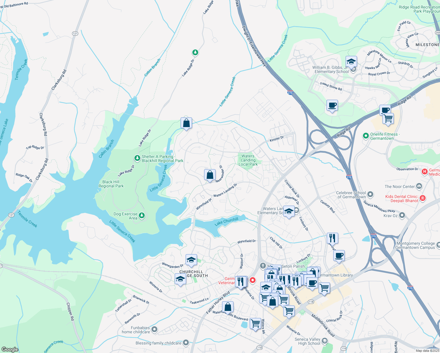 map of restaurants, bars, coffee shops, grocery stores, and more near 20550 Neerwinder Street in Germantown