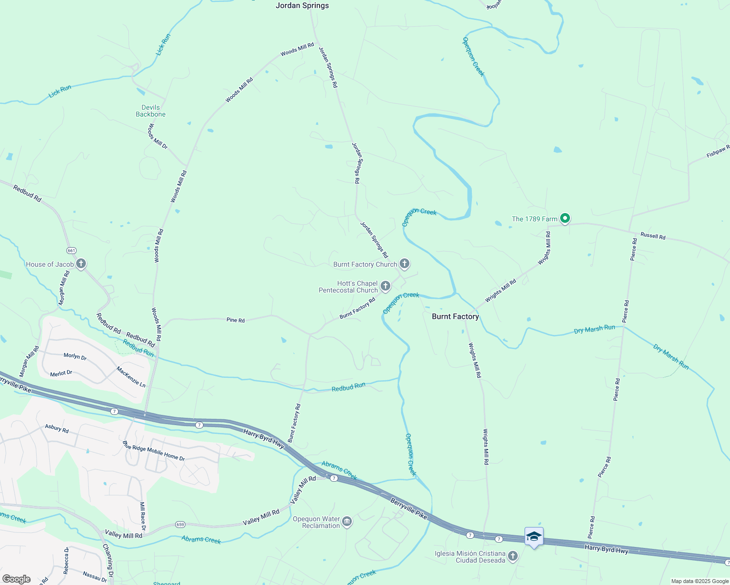 map of restaurants, bars, coffee shops, grocery stores, and more near 529 Burnt Factory Road in Stephenson