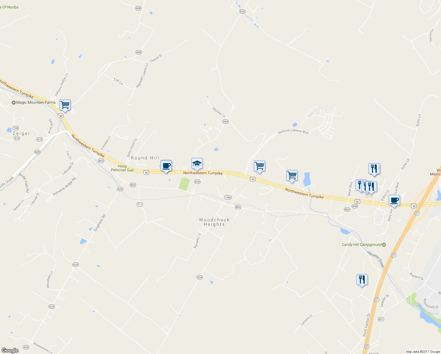 map of restaurants, bars, coffee shops, grocery stores, and more near 2727 Northwestern Pike in Winchester