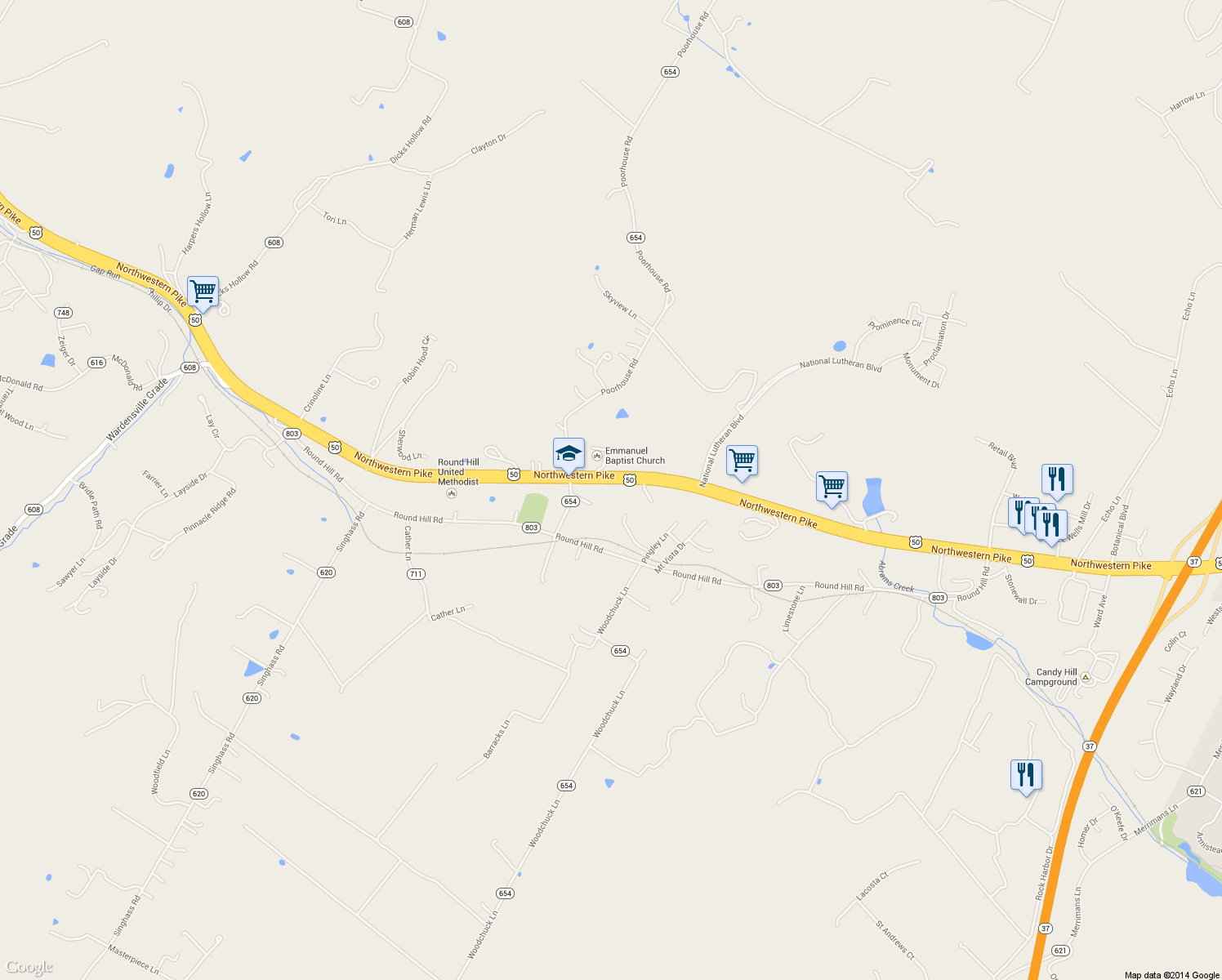 map of restaurants, bars, coffee shops, grocery stores, and more near 2765 Northwestern Pike in Winchester