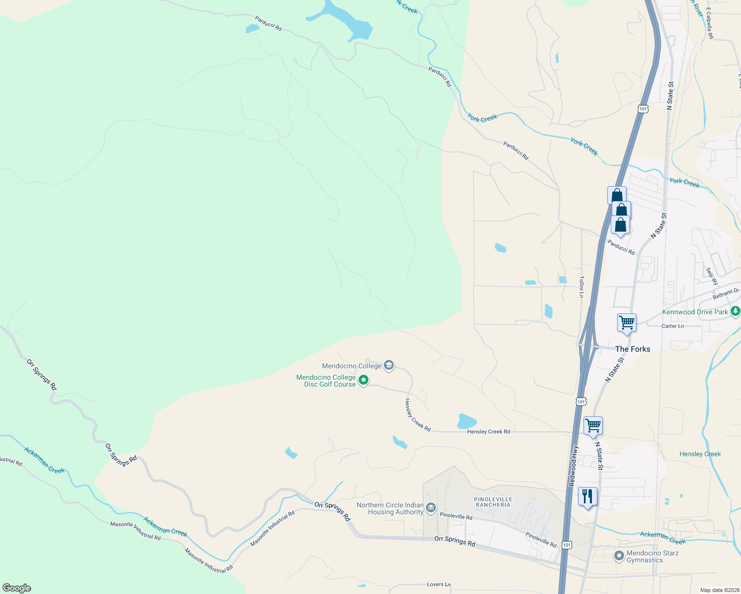 map of restaurants, bars, coffee shops, grocery stores, and more near 800 Hensley Creek Road in Ukiah
