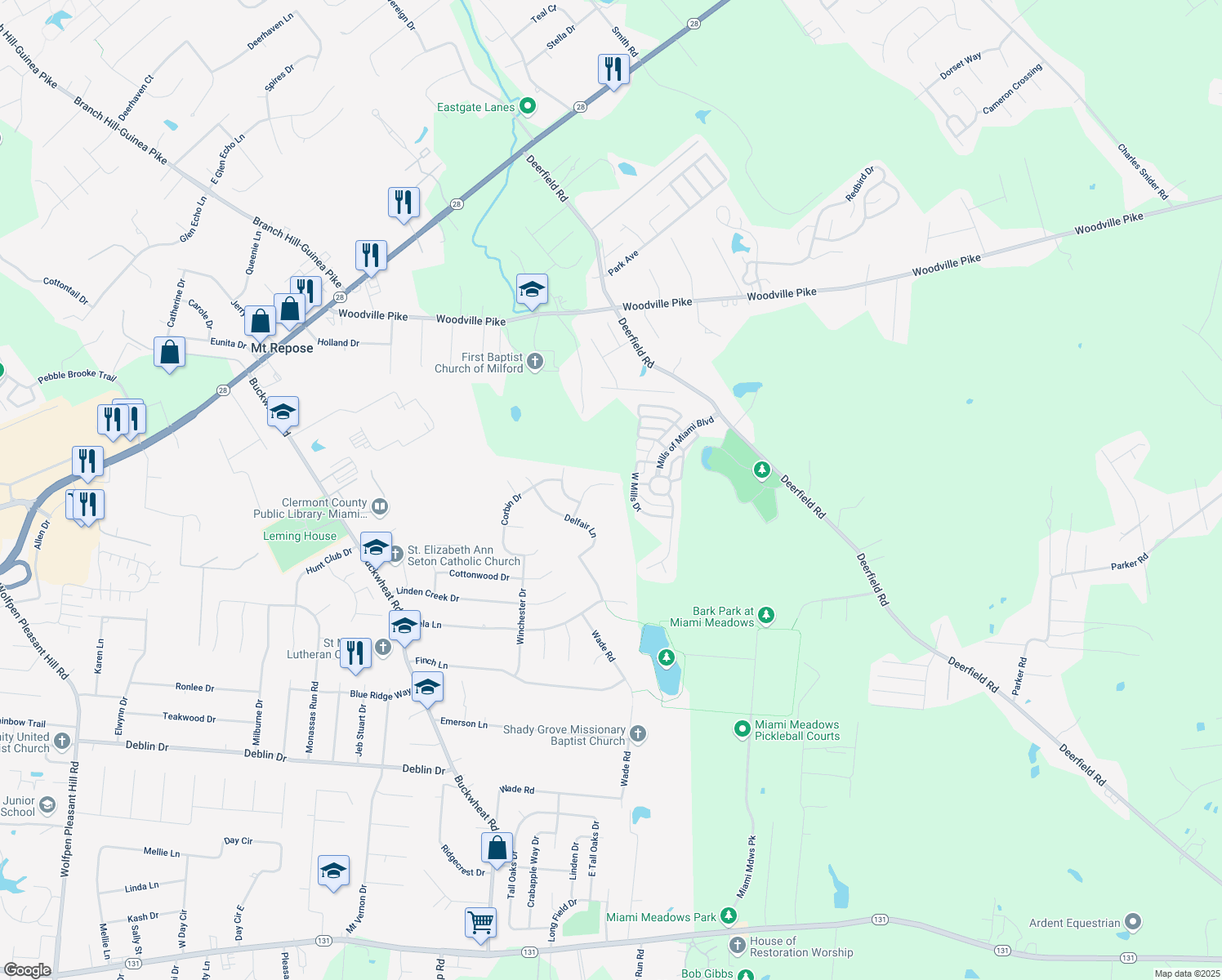 map of restaurants, bars, coffee shops, grocery stores, and more near 1428 Windstar Court in Milford