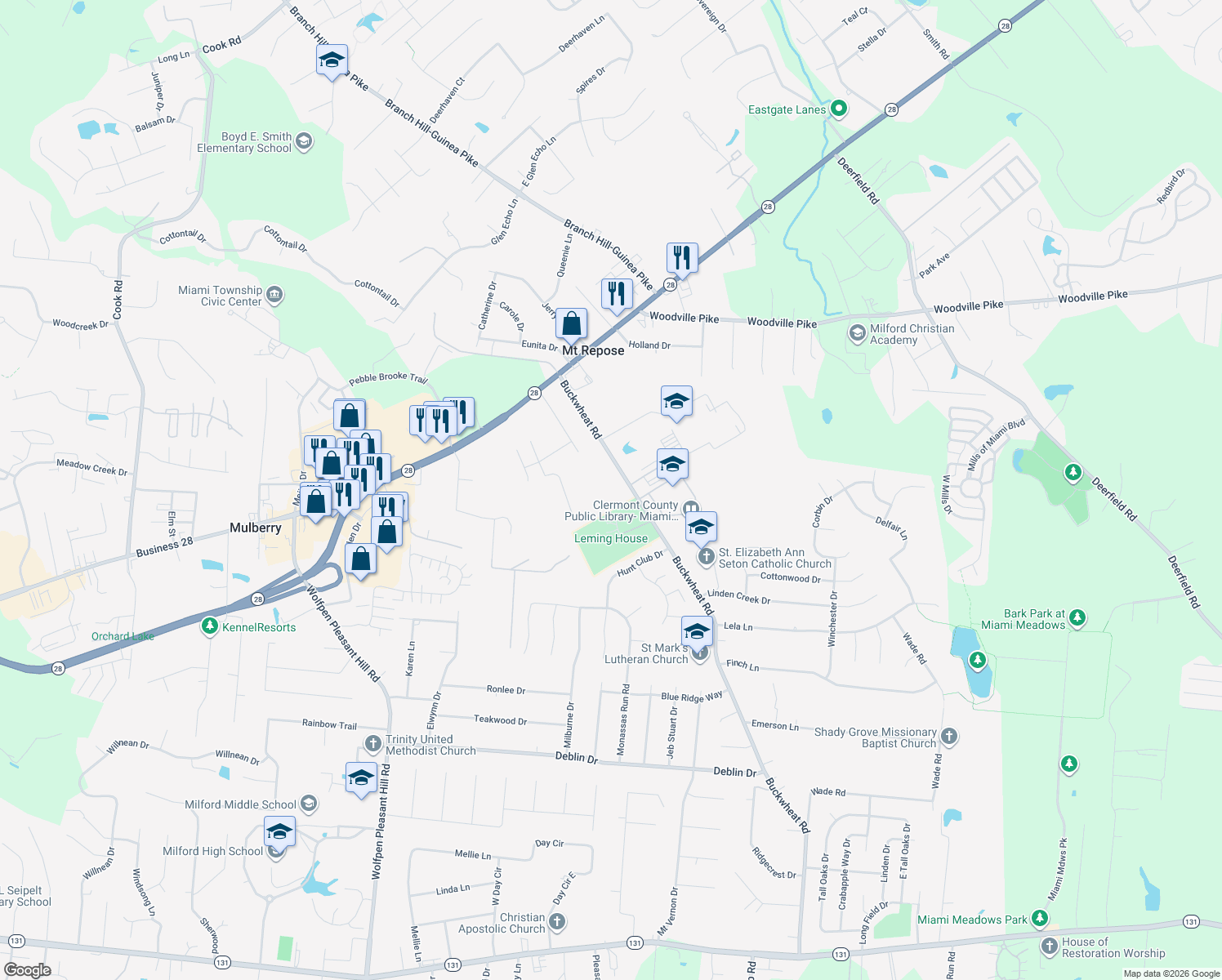 map of restaurants, bars, coffee shops, grocery stores, and more near 5971 Buckwheat Rd in Milford