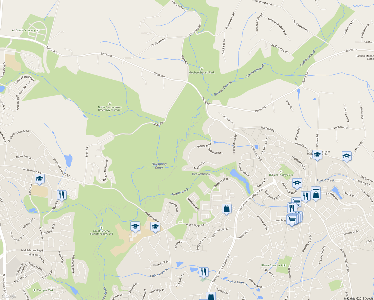 map of restaurants, bars, coffee shops, grocery stores, and more near 20708 Bell Bluff Road in Gaithersburg