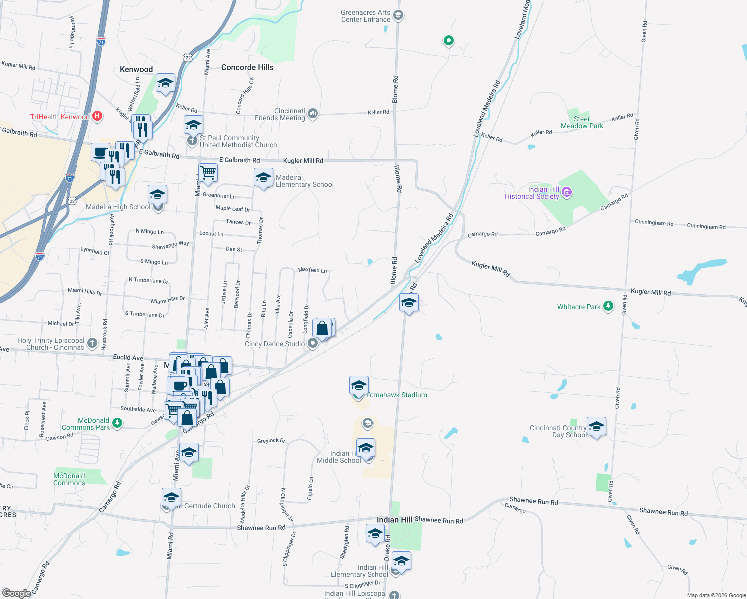 map of restaurants, bars, coffee shops, grocery stores, and more near 8224 Camargo Road in Cincinnati