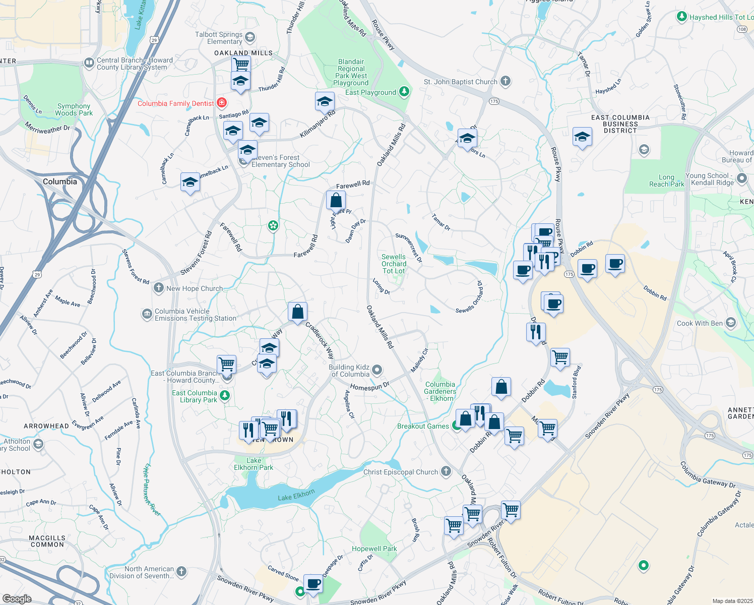 map of restaurants, bars, coffee shops, grocery stores, and more near 6401-6427 Oakland Mills Road in Columbia
