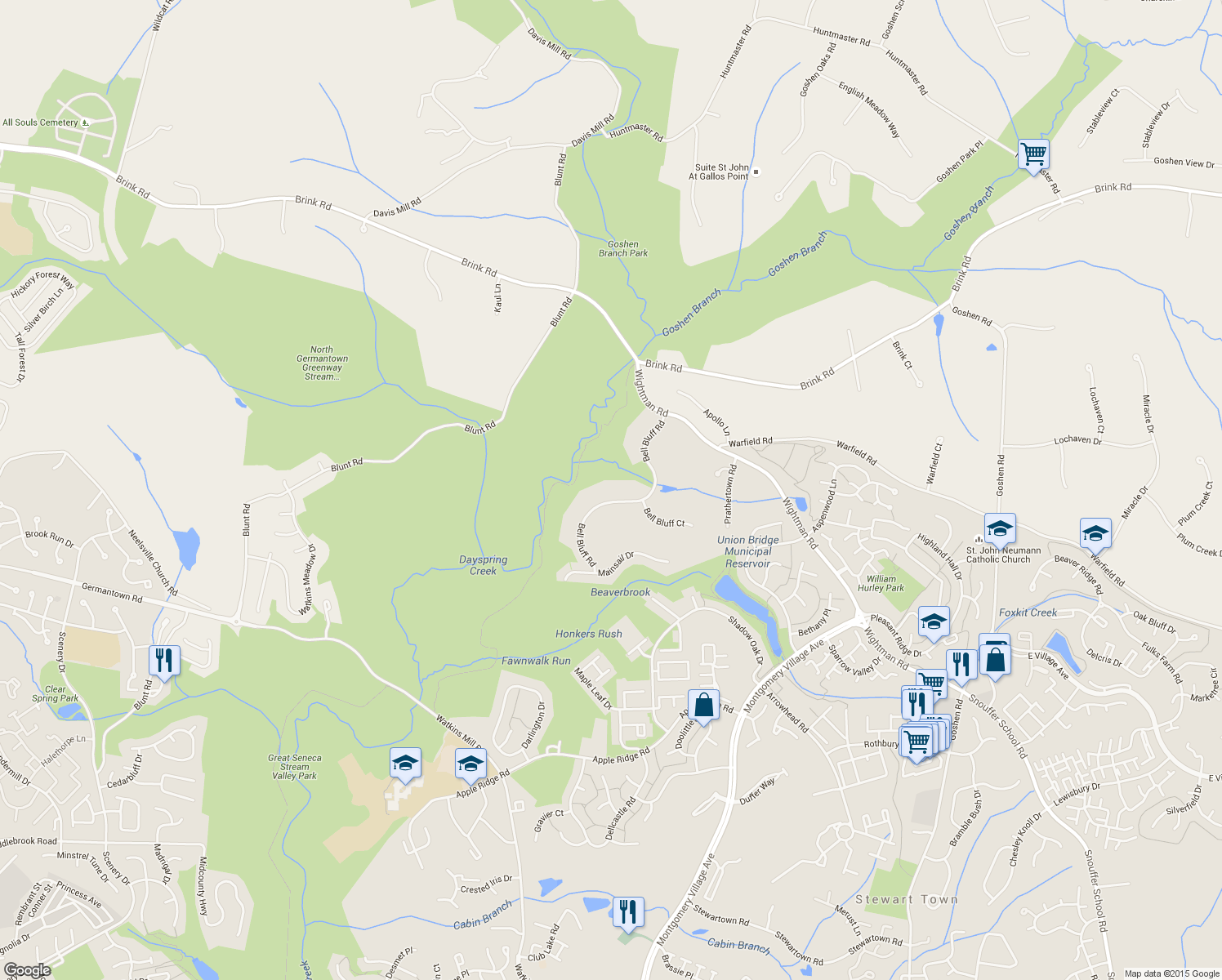 map of restaurants, bars, coffee shops, grocery stores, and more near 20724 Bell Bluff Road in Gaithersburg