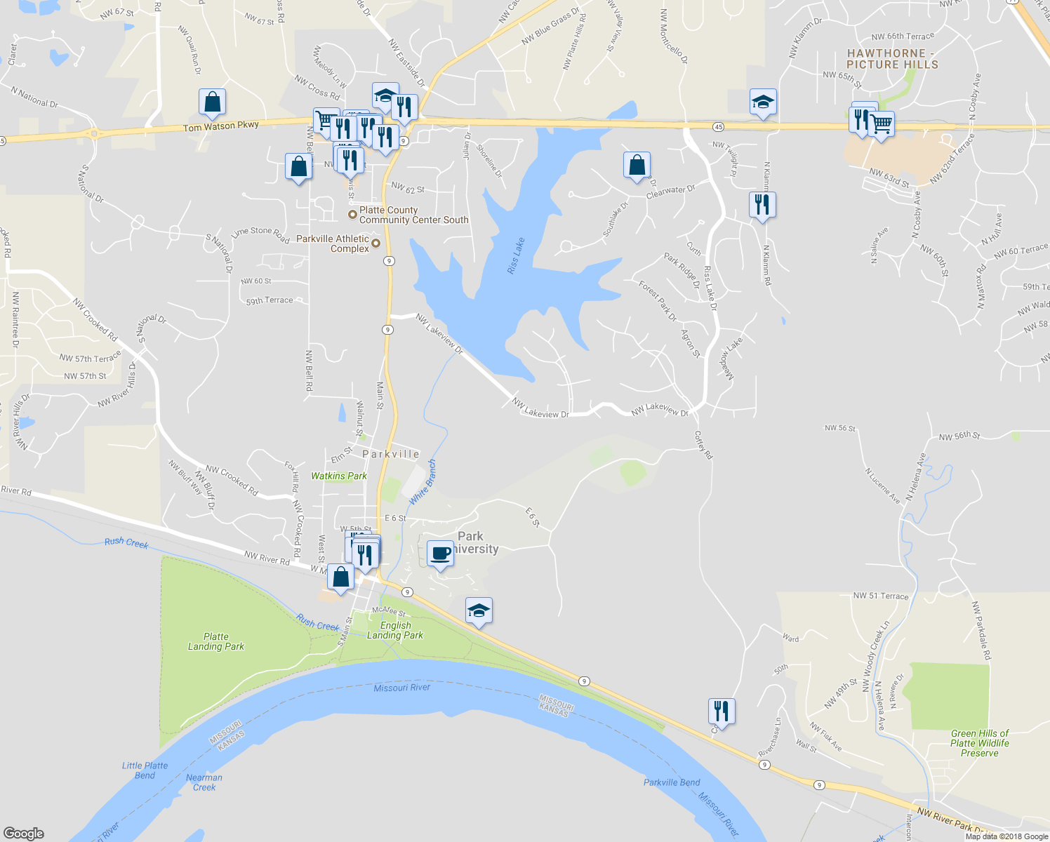 map of restaurants, bars, coffee shops, grocery stores, and more near 8331 Harbour Pl in Parkville