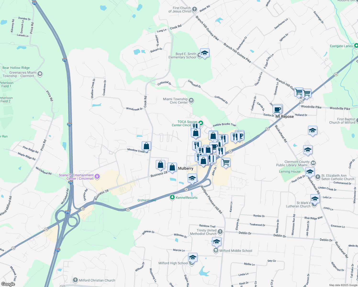 map of restaurants, bars, coffee shops, grocery stores, and more near 5753 Hanley Close in Milford
