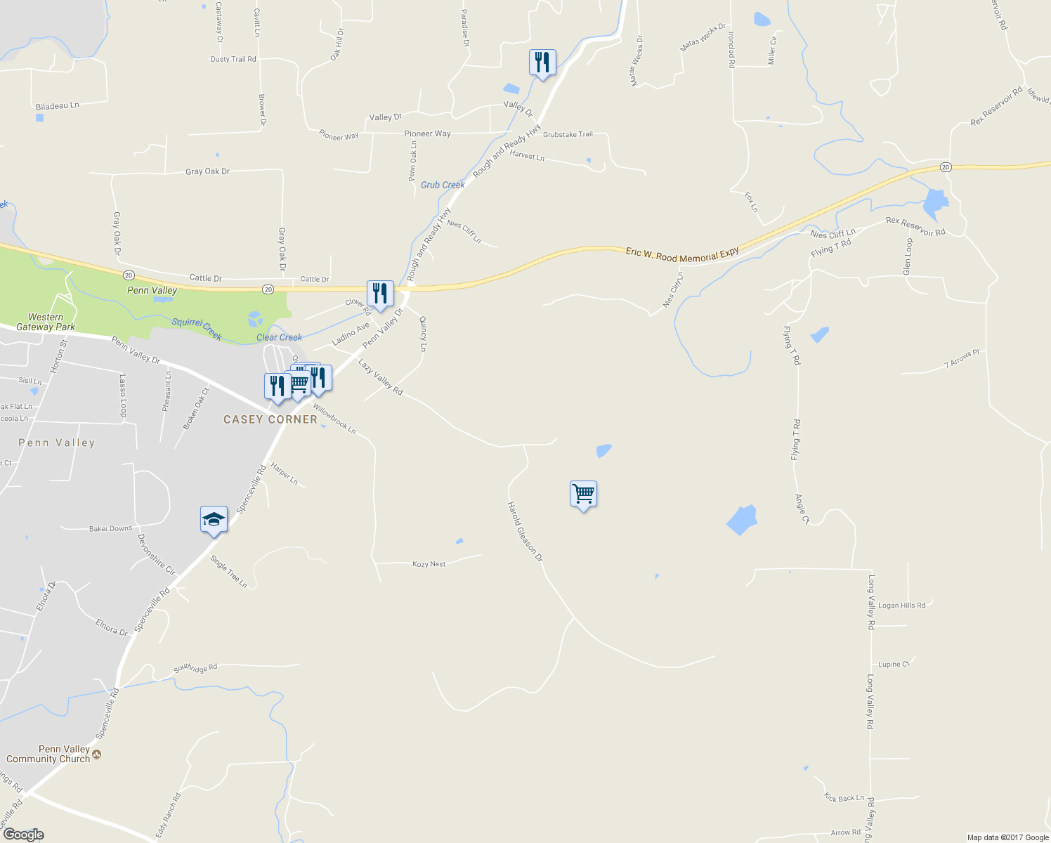 map of restaurants, bars, coffee shops, grocery stores, and more near 10677 Lazy Valley Road in Penn Valley