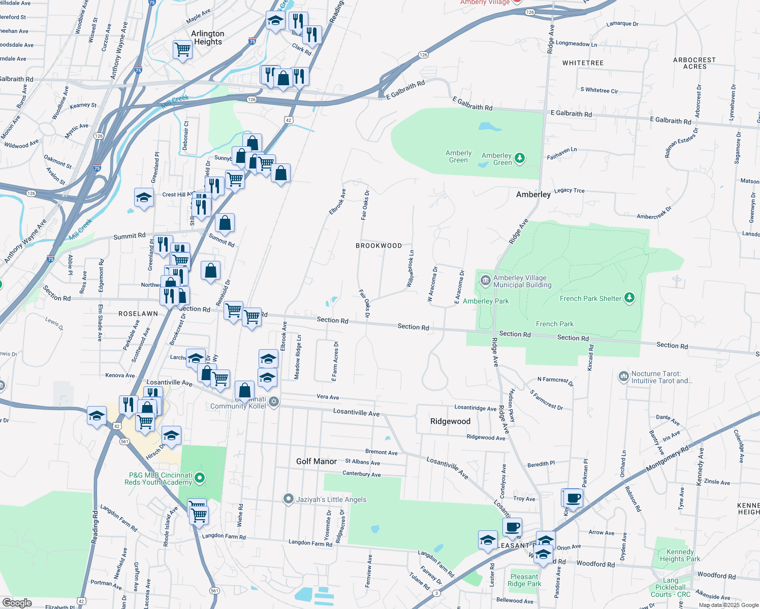 map of restaurants, bars, coffee shops, grocery stores, and more near 2501 Willowbrook Drive in Cincinnati