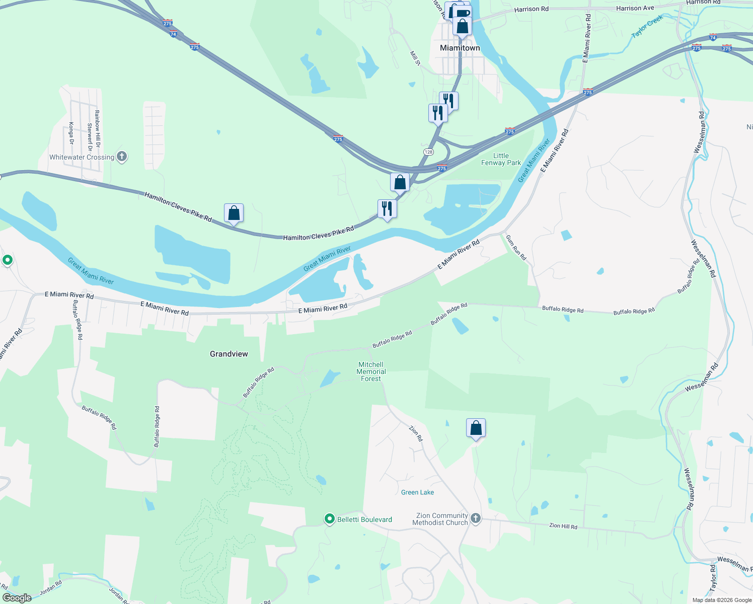 map of restaurants, bars, coffee shops, grocery stores, and more near 5432 East Miami River Road in Cleves