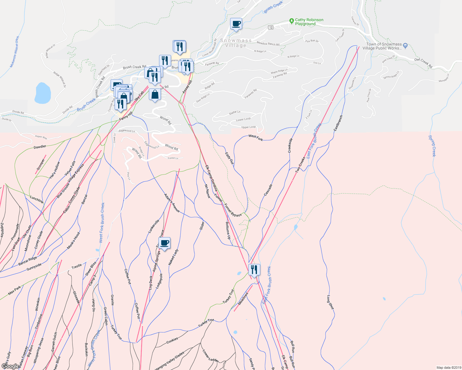 map of restaurants, bars, coffee shops, grocery stores, and more near Vista Trail in Aspen