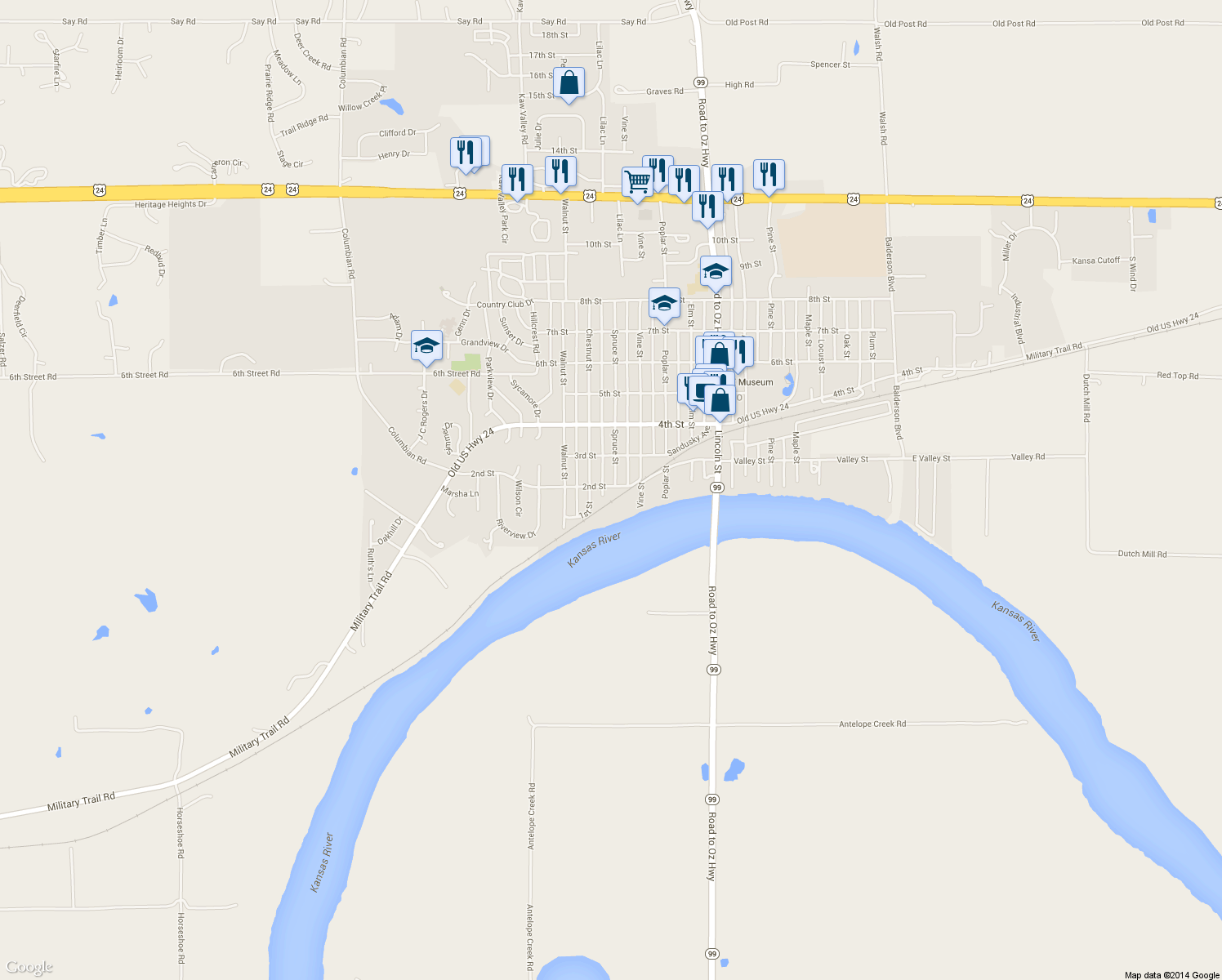 map of restaurants, bars, coffee shops, grocery stores, and more near 115 Spruce St in Wamego