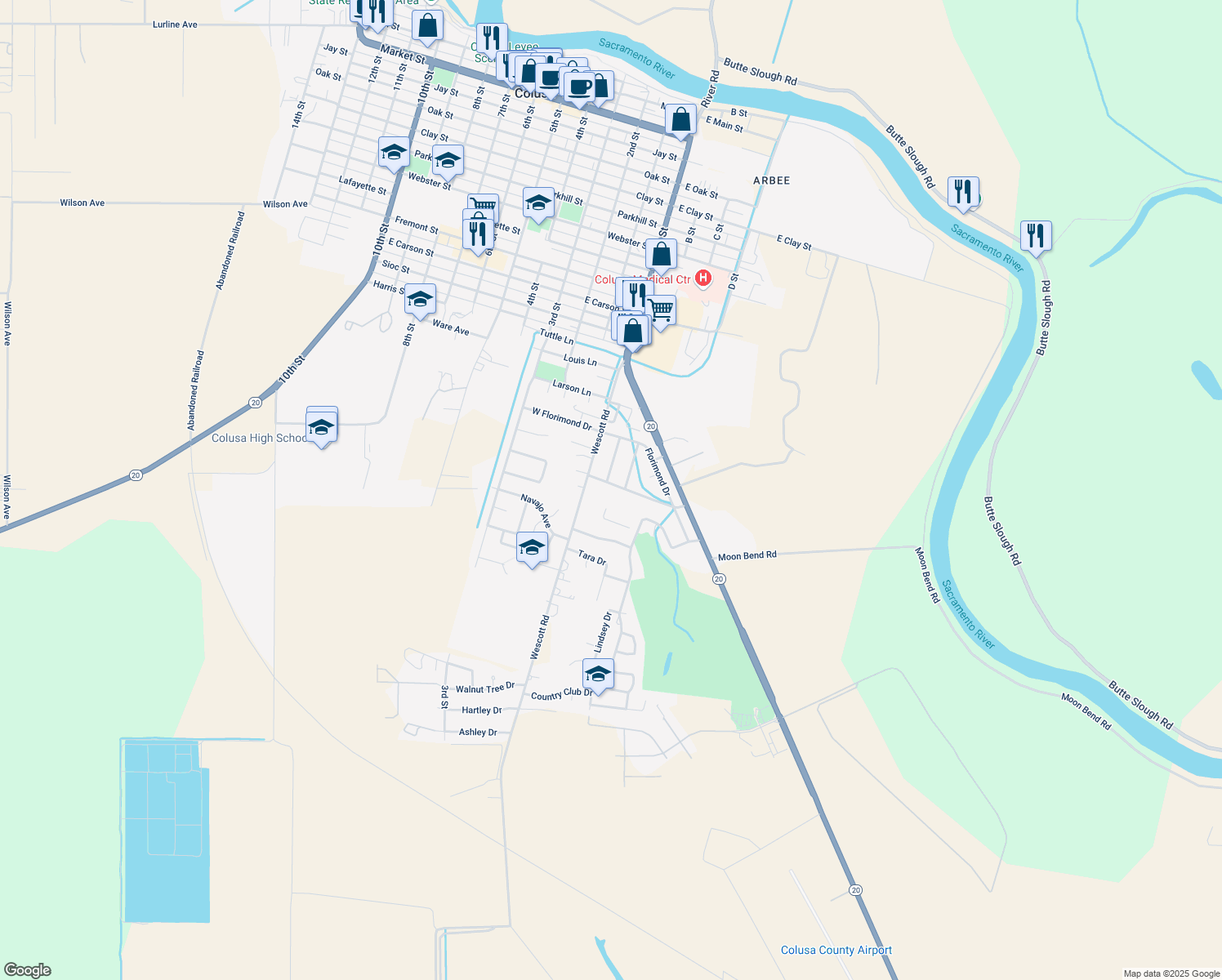 map of restaurants, bars, coffee shops, grocery stores, and more near 121 Cynthia Drive in Colusa