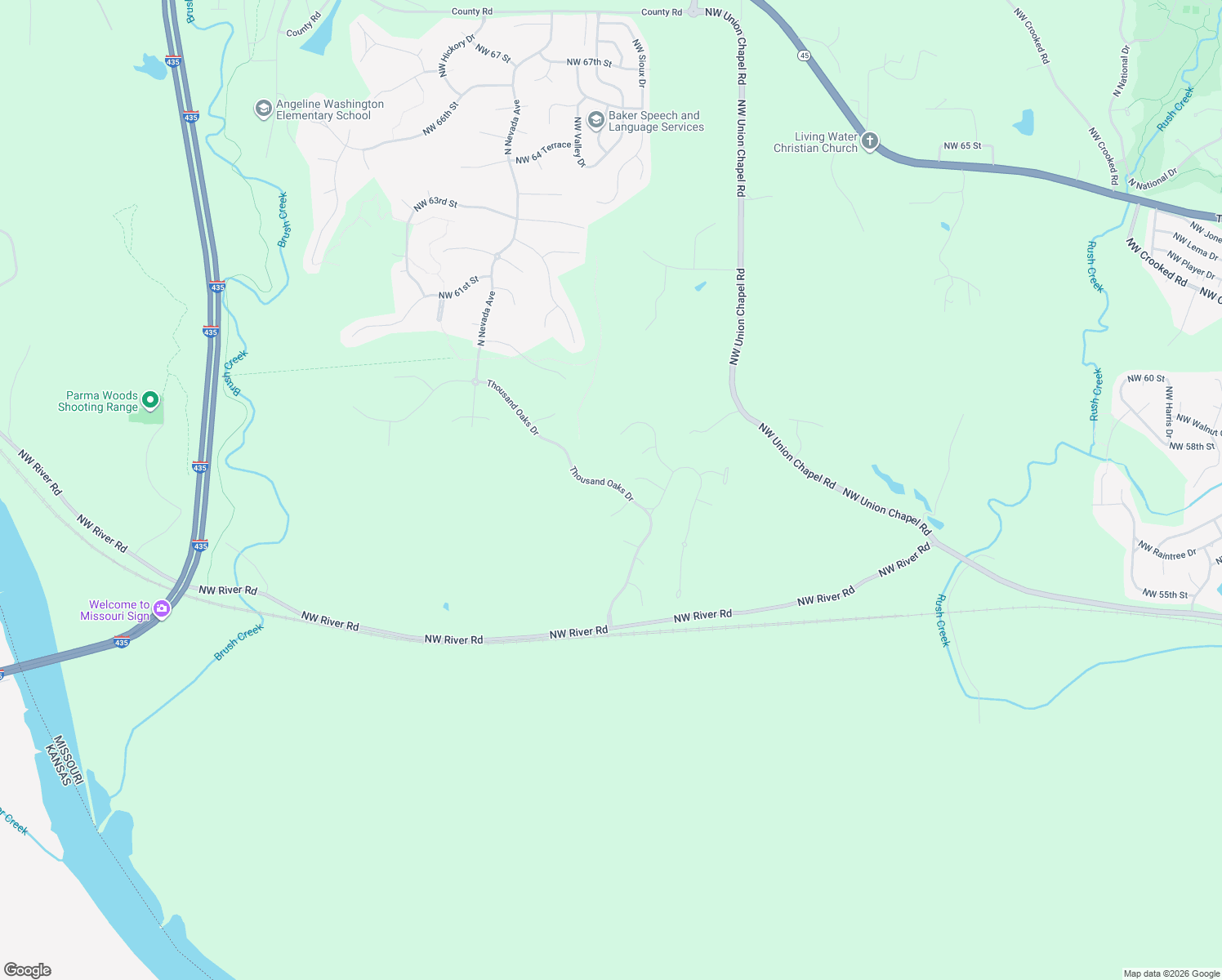 map of restaurants, bars, coffee shops, grocery stores, and more near 5718 Thousand Oaks Drive in Parkville