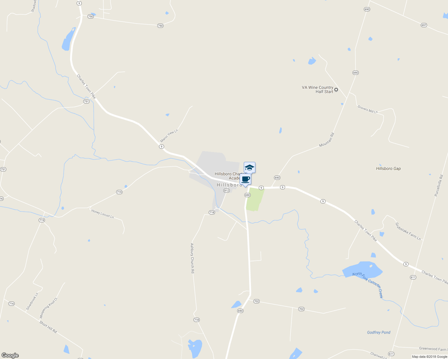 map of restaurants, bars, coffee shops, grocery stores, and more near 37000 Charles Town Pike in Purcellville