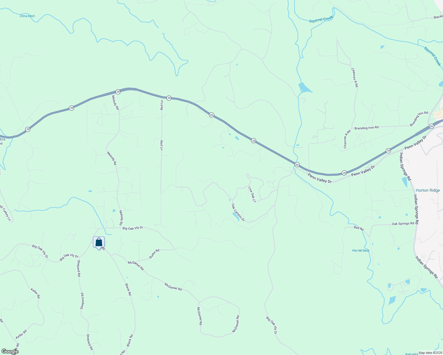 map of restaurants, bars, coffee shops, grocery stores, and more near 10932 Oak Canyon Drive in Penn Valley