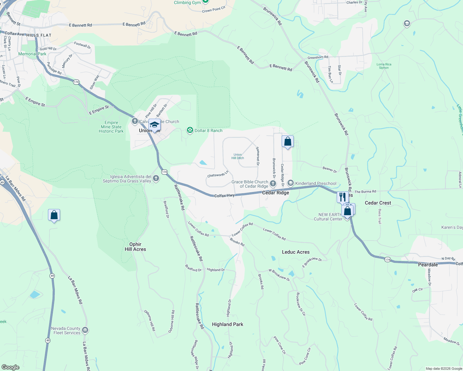map of restaurants, bars, coffee shops, grocery stores, and more near 12897 Chatsworth Lane in Grass Valley