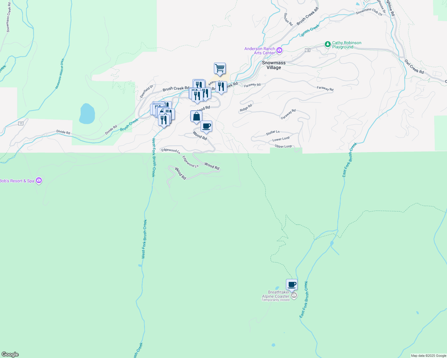 map of restaurants, bars, coffee shops, grocery stores, and more near 127 Forest Lane in Snowmass Village