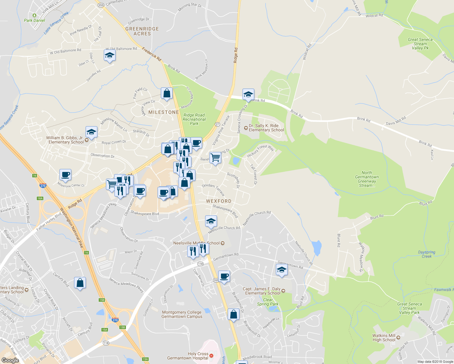 map of restaurants, bars, coffee shops, grocery stores, and more near 11610 Prince Albert Terrace in Germantown
