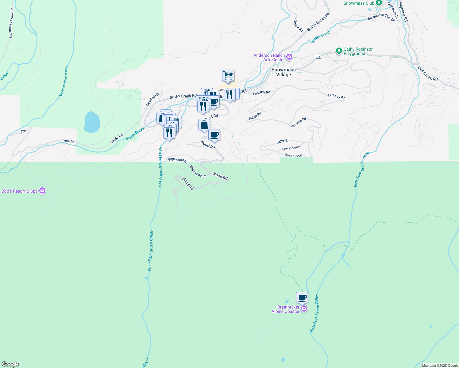 map of restaurants, bars, coffee shops, grocery stores, and more near 127 Forest Lane in Snowmass Village