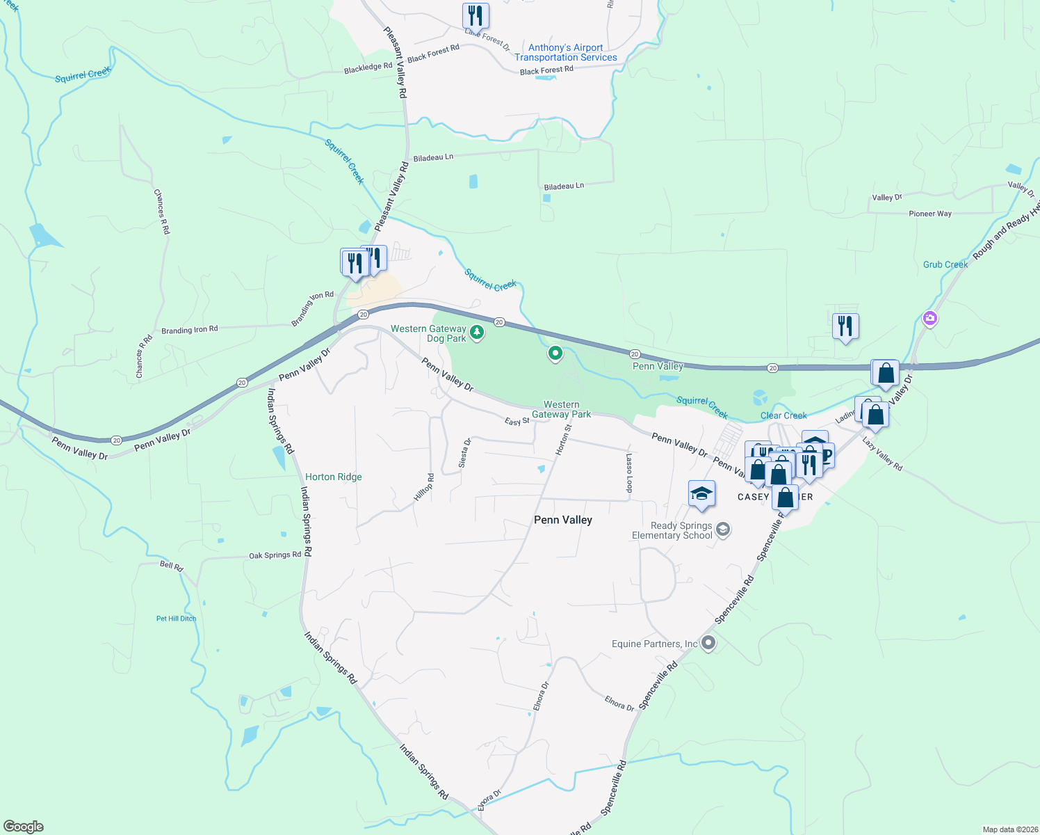map of restaurants, bars, coffee shops, grocery stores, and more near 18474 Easy St in Penn Valley
