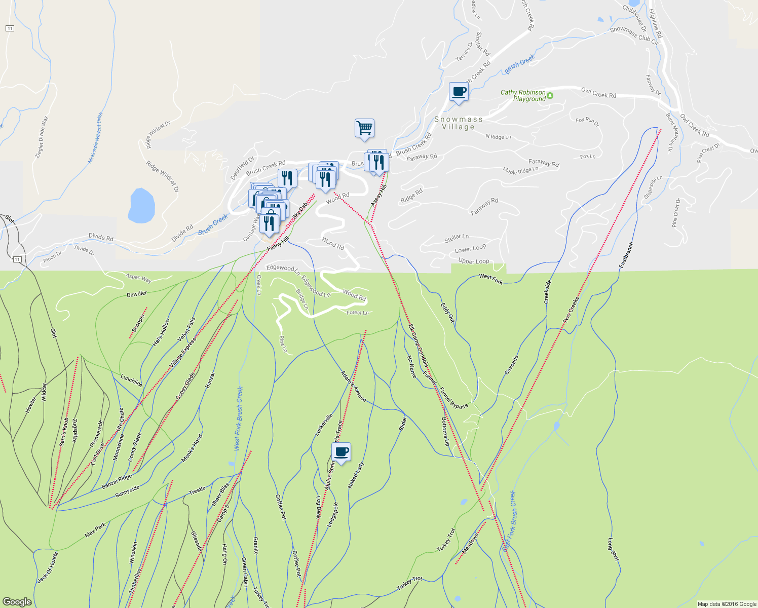 map of restaurants, bars, coffee shops, grocery stores, and more near 1248 Woods Rd in Aspen
