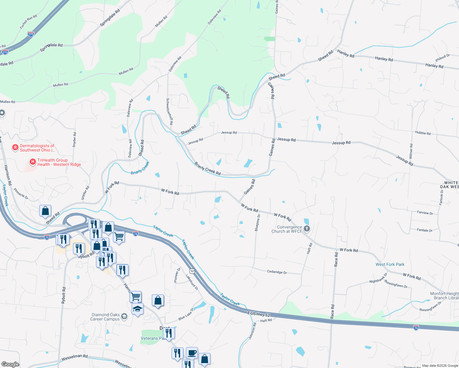 map of restaurants, bars, coffee shops, grocery stores, and more near 5968 West Fork Road in Cincinnati