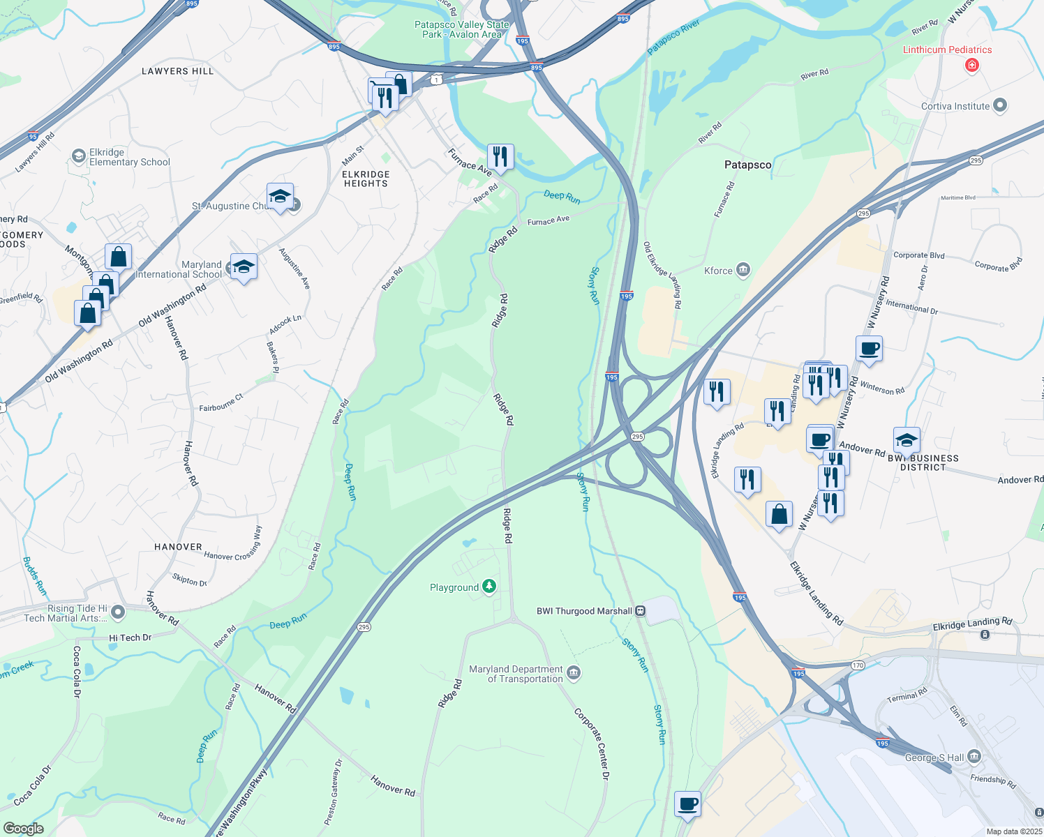 map of restaurants, bars, coffee shops, grocery stores, and more near Ridge Chapel Road in Hanover