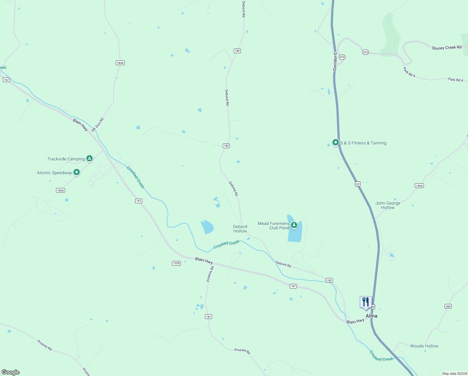 map of restaurants, bars, coffee shops, grocery stores, and more near 1201-1647 Debord Road in Chillicothe
