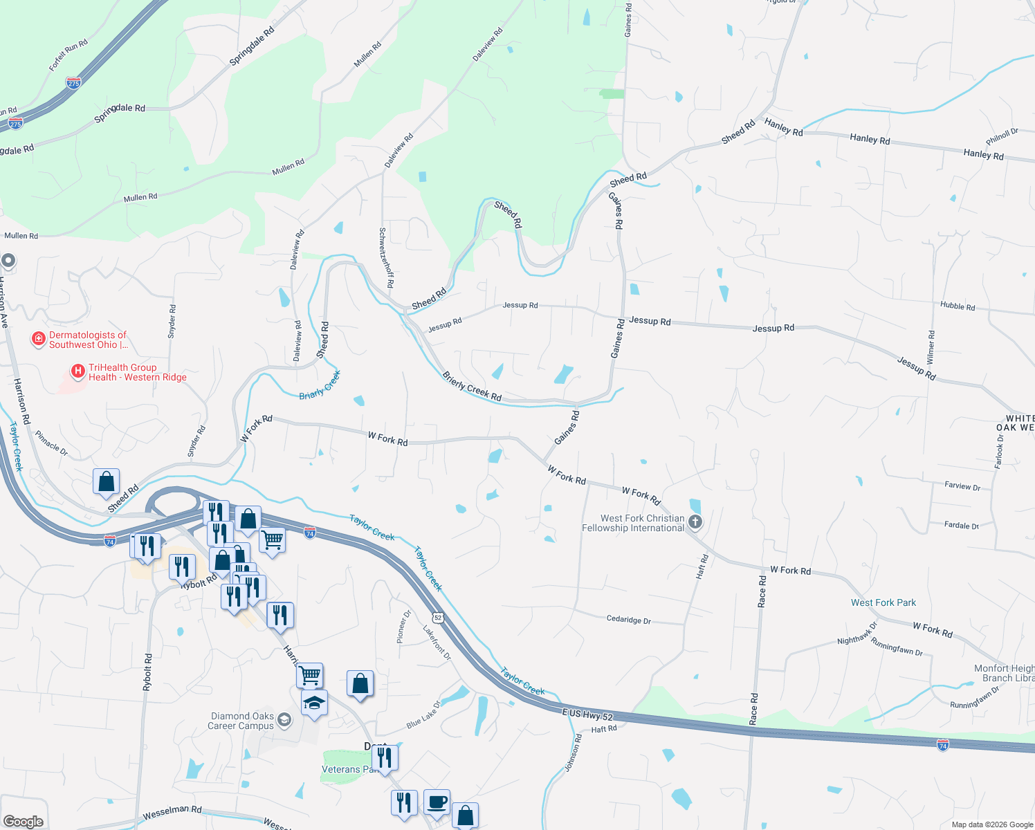 map of restaurants, bars, coffee shops, grocery stores, and more near 5968 West Fork Road in Cincinnati