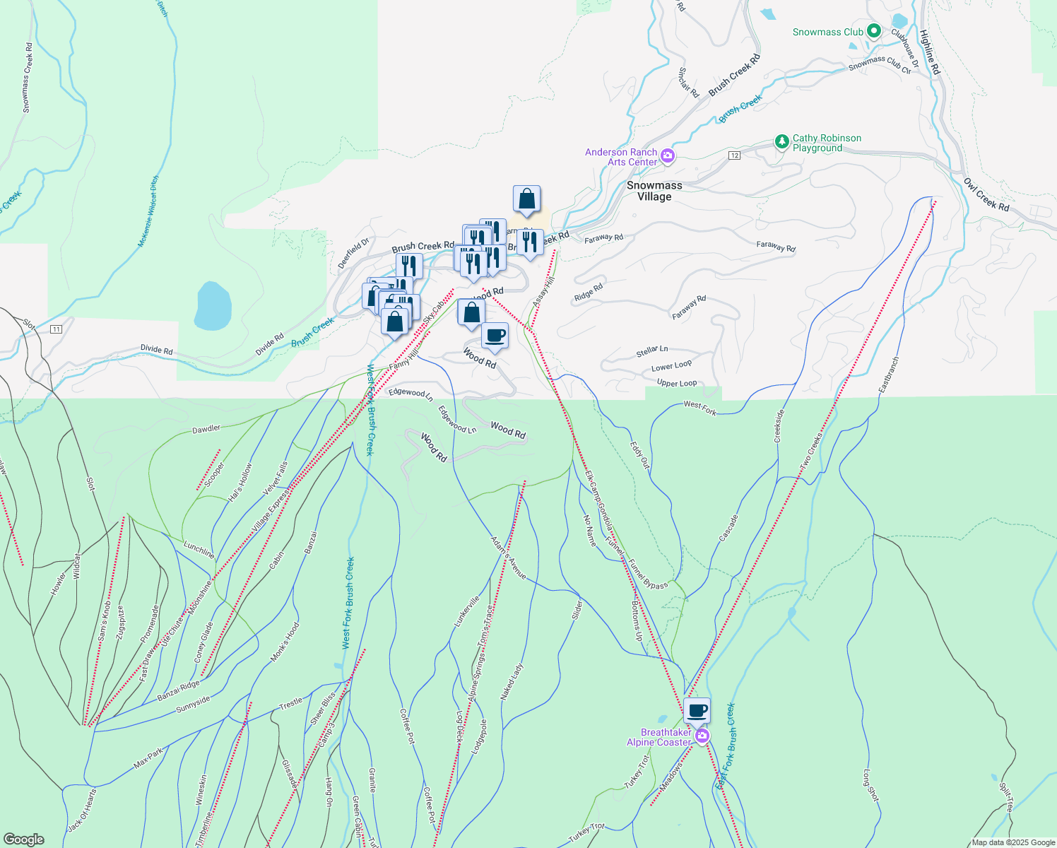 map of restaurants, bars, coffee shops, grocery stores, and more near 99 Stanton Ln in Aspen