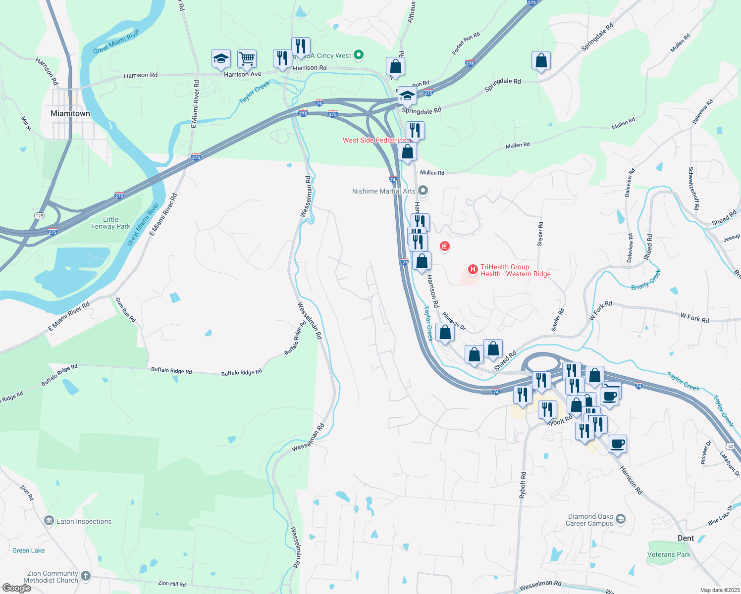 map of restaurants, bars, coffee shops, grocery stores, and more near Bridge Point Drive in Cincinnati