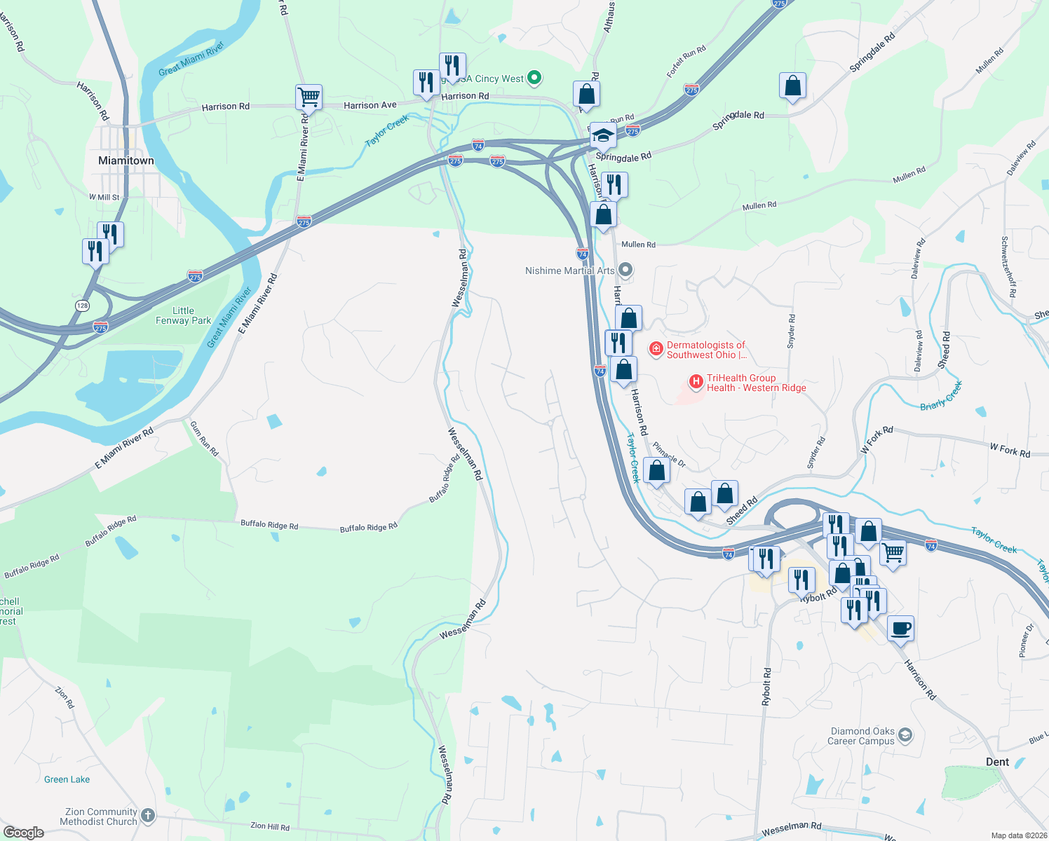map of restaurants, bars, coffee shops, grocery stores, and more near 7401 Bridge Point Pass in Cincinnati