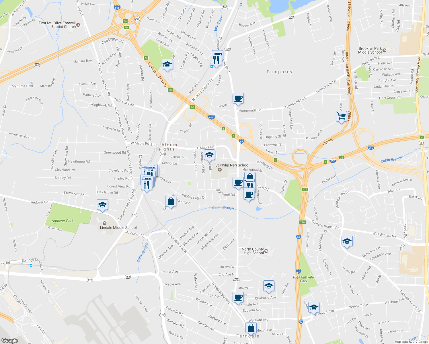 map of restaurants, bars, coffee shops, grocery stores, and more near 6401 South Orchard Road in Linthicum Heights