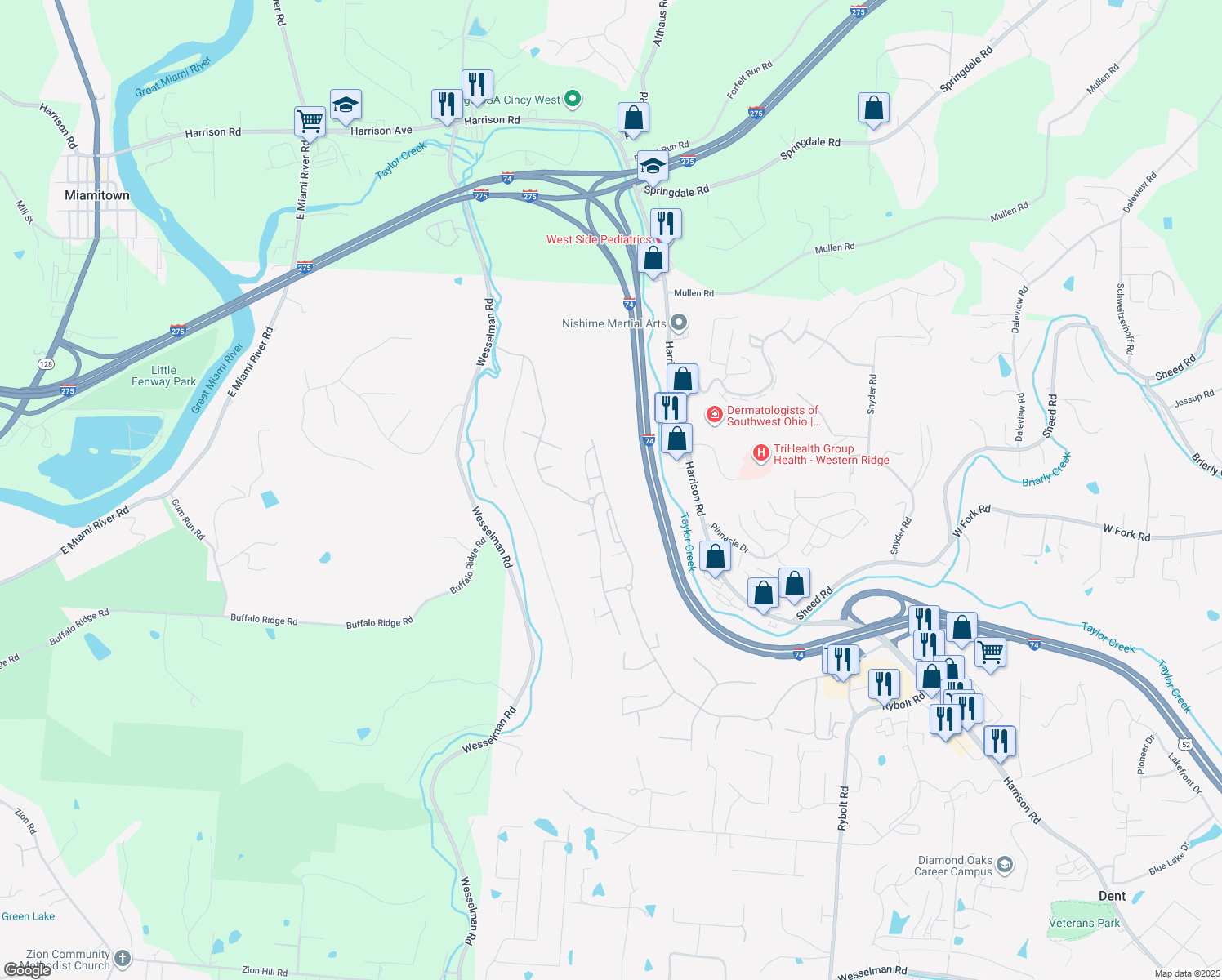 map of restaurants, bars, coffee shops, grocery stores, and more near 7876 Bridge Point Pass in Cincinnati