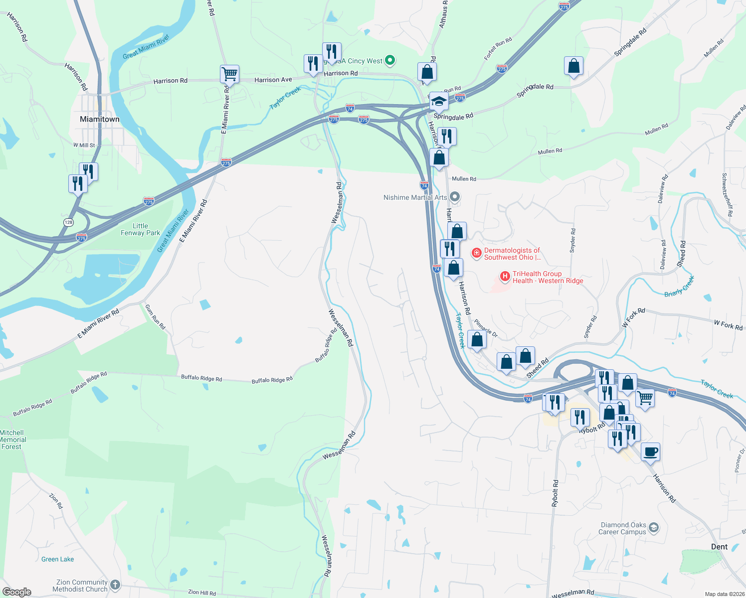 map of restaurants, bars, coffee shops, grocery stores, and more near 7401 Bridge Point Pass in Cincinnati